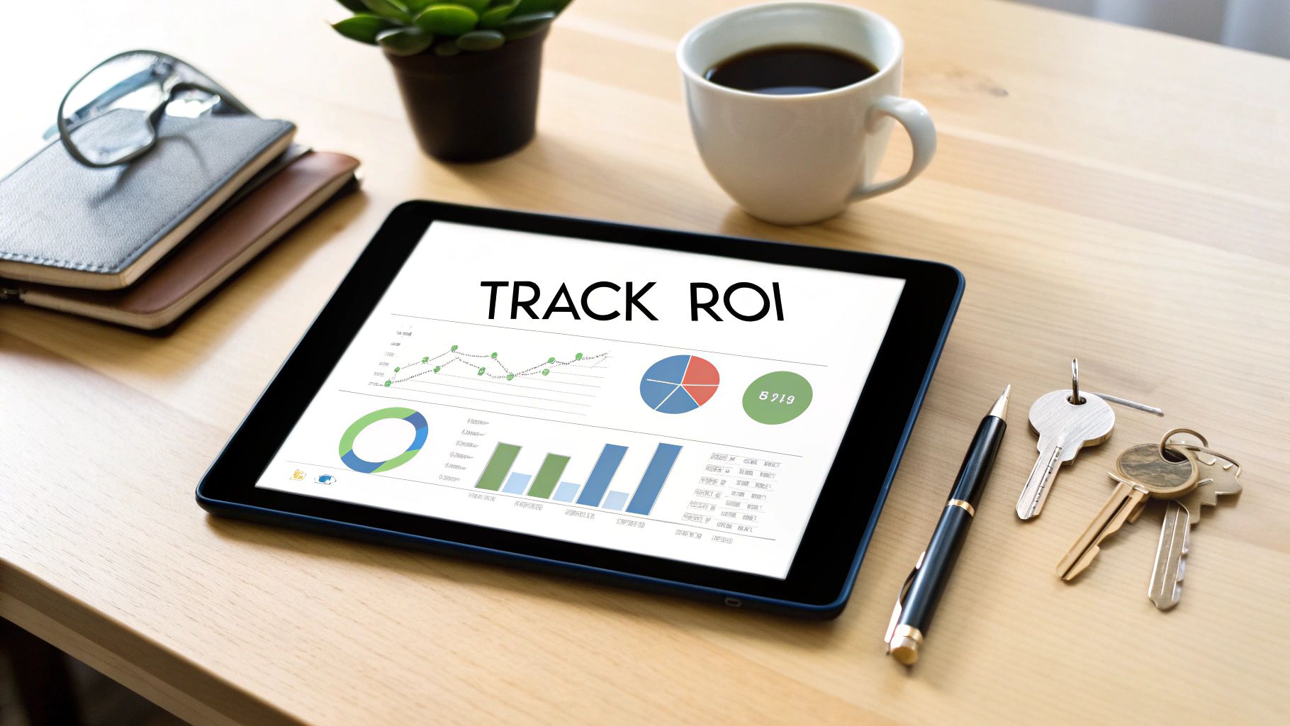 A tablet on a wooden desk displaying 'TRACK ROI' with charts, surrounded by office items.