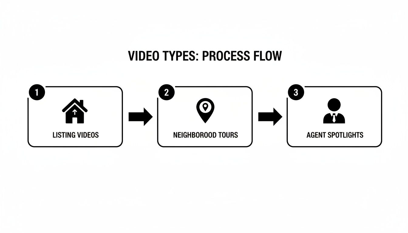 A process flow diagram illustrating three video types for real estate: listing videos, neighborhood tours, and agent spotlights.