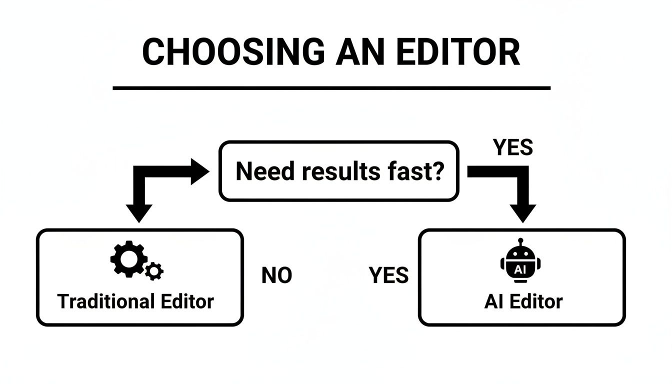 A flowchart titled 'CHOOSING AN EDITOR' illustrating the decision between a Traditional Editor and an AI Editor based on speed.