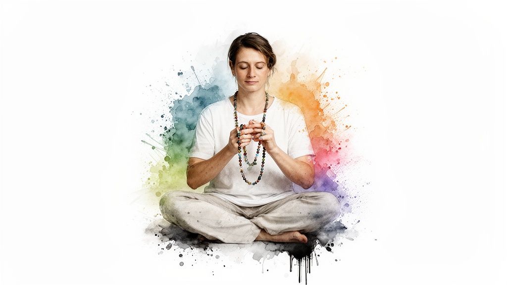A person meditates peacefully with colorful mala beads, surrounded by vibrant watercolor splashes of a rainbow.