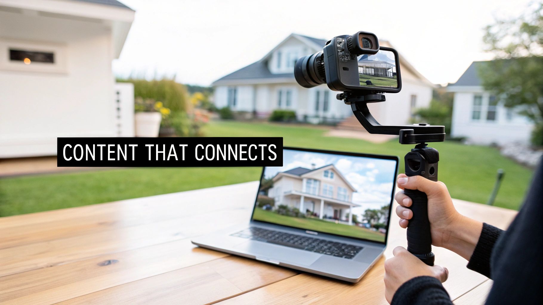 Person creating real estate video content with a camera on a gimbal and a laptop on a wooden table.