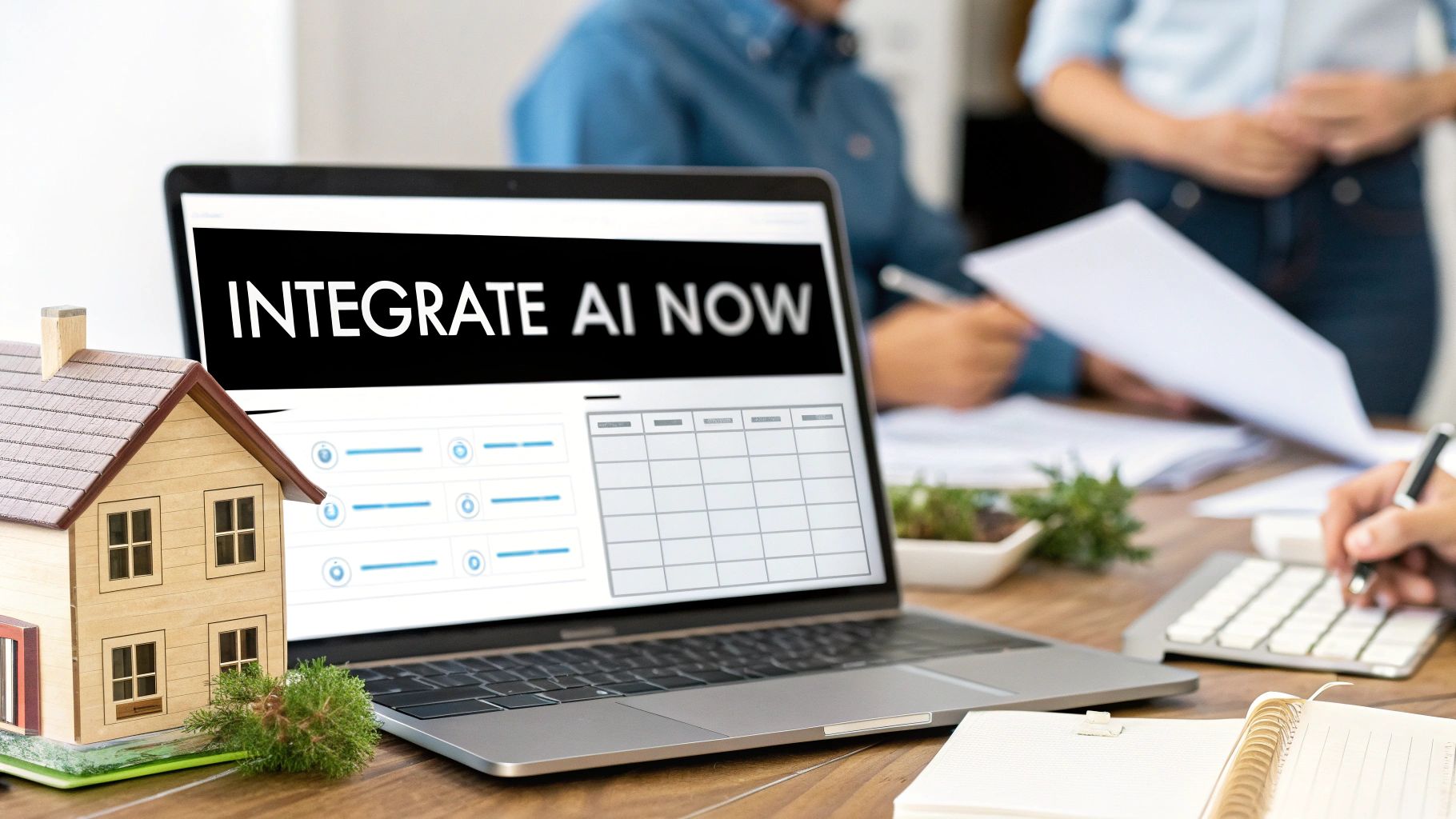 A laptop displays 'INTEGRATE AI NOW' next to a miniature house model on a desk with people working, suggesting AI for real estate business.