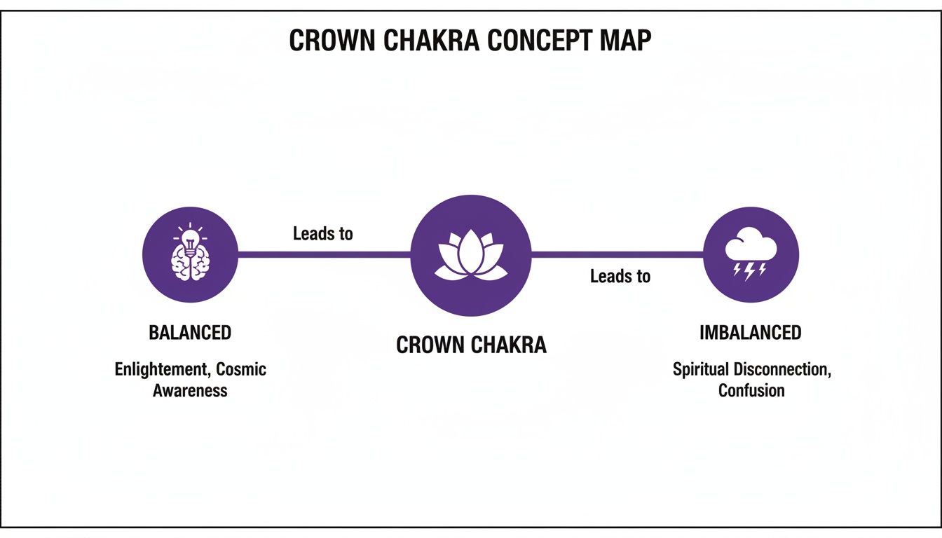 Concept map illustrating the balanced and imbalanced states of the Crown Chakra and their outcomes.