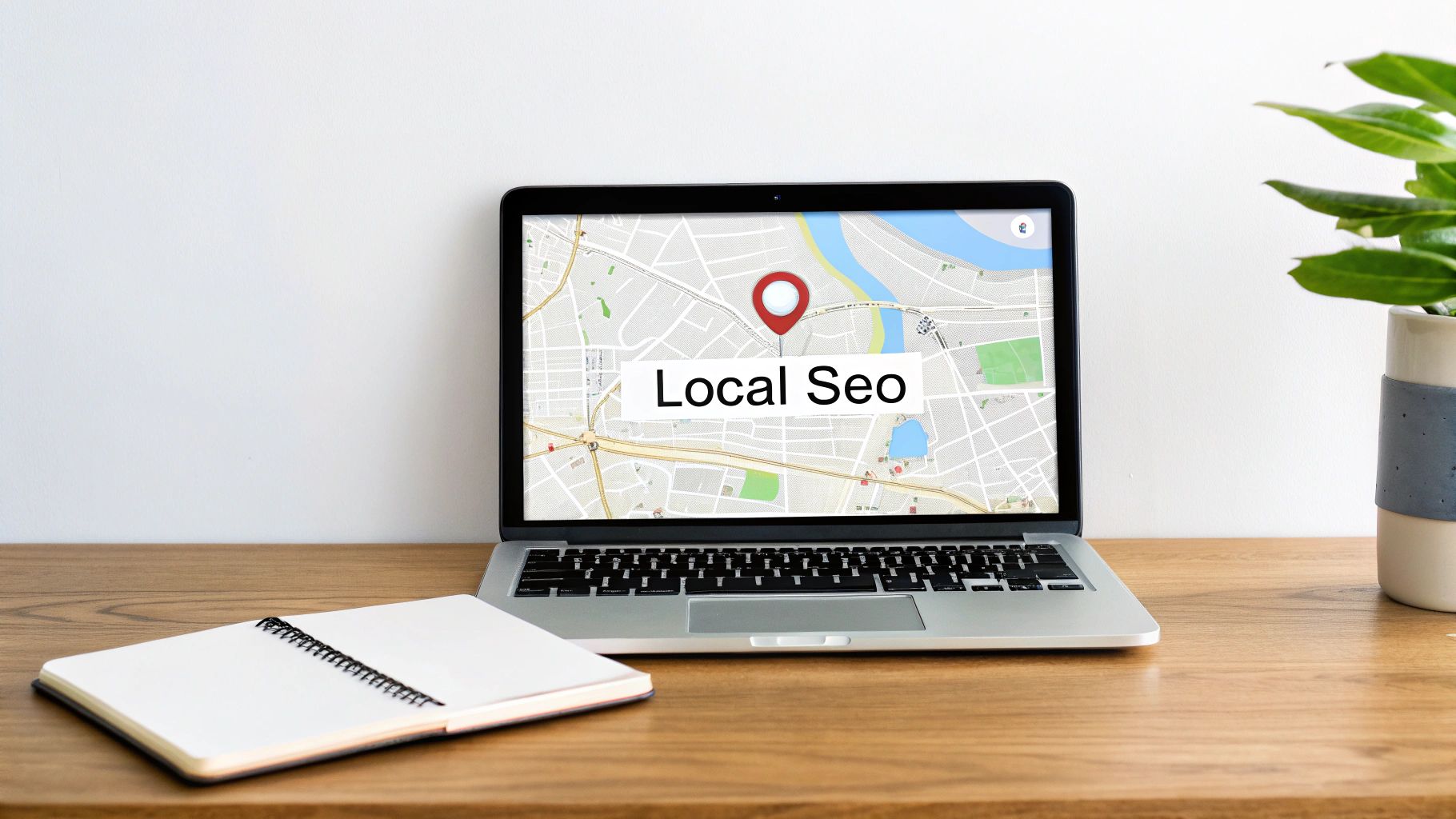 A laptop screen displays "Local Seo" on a map with a red pin, beside an open notebook and plant.