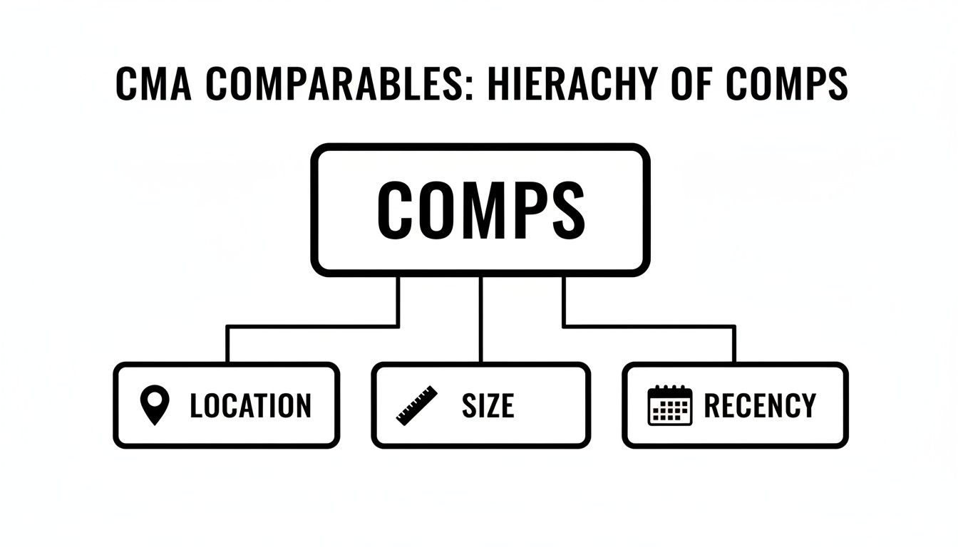 A hierarchy chart illustrating CMA comparables are evaluated based on location, size, and recency.