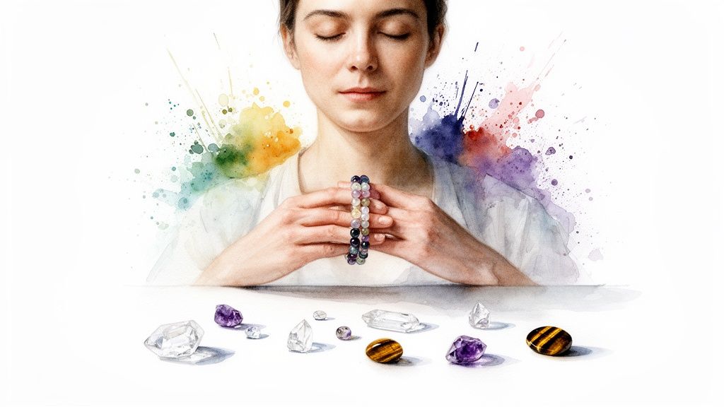 Watercolor painting of a woman meditating with gemstone bracelets, surrounded by colorful splashes and loose crystals.
