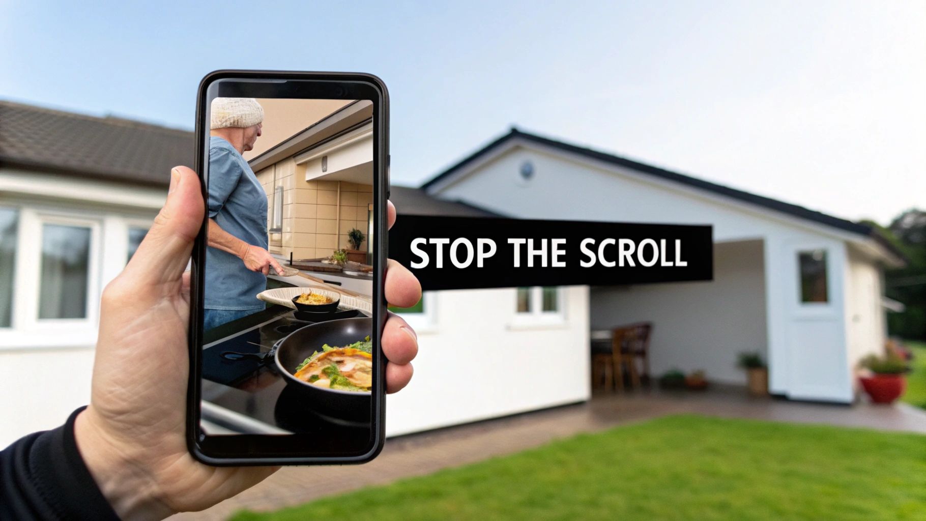 Hand holding smartphone displaying a person cooking, with a house and 'STOP THE SCROLL' text in the background.