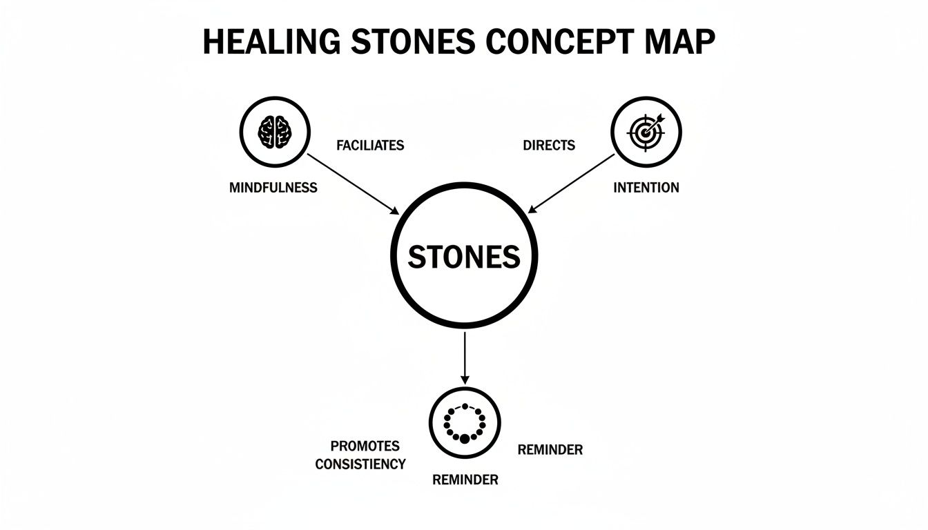 A black and white concept map illustrating the connections of healing stones to mindfulness, intention, and reminders for consistency.