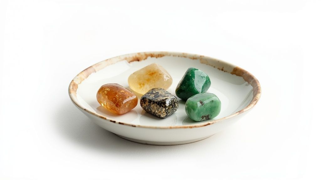 Five polished crystals in shades of green, yellow, brown, and speckled black in a rustic ceramic bowl.