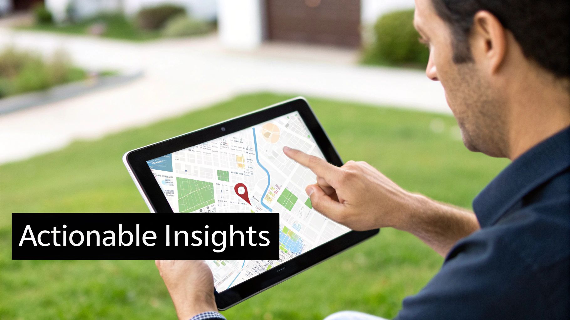 Professional using tablet displaying interactive map with location pin for real estate market analysis