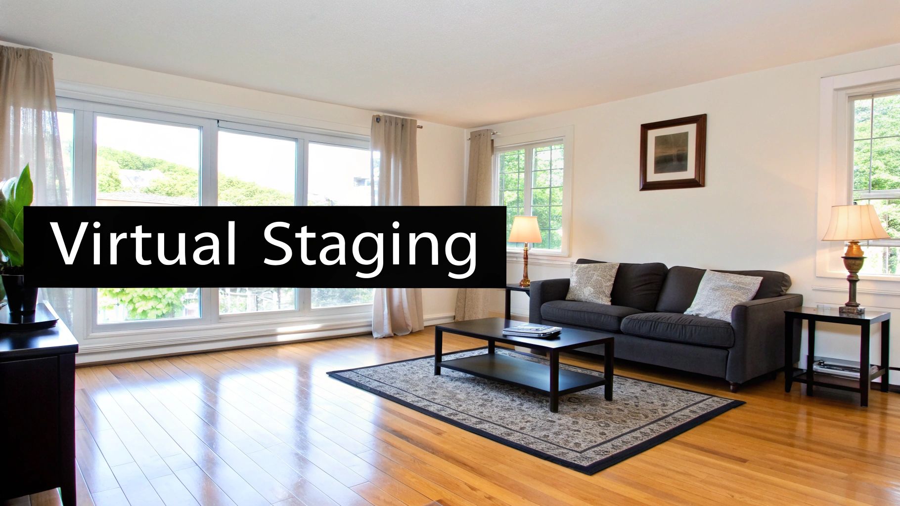 A bright living room with a sofa, coffee table, and large windows, featuring 'Virtual Staging' text overlay.