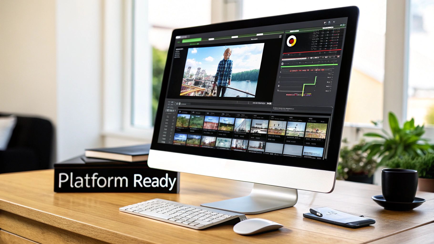 A desktop computer on a wooden desk showing video editing software, with a 'Platform Ready' box nearby.