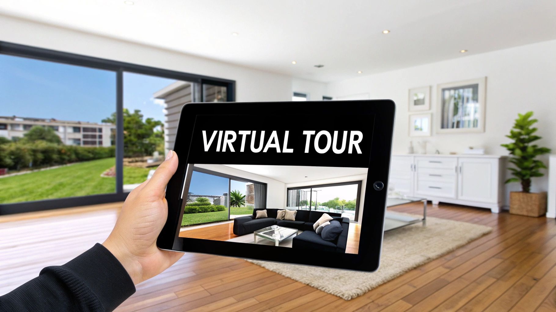 Hand holding tablet displaying virtual tour of modern luxury home with open floor plan