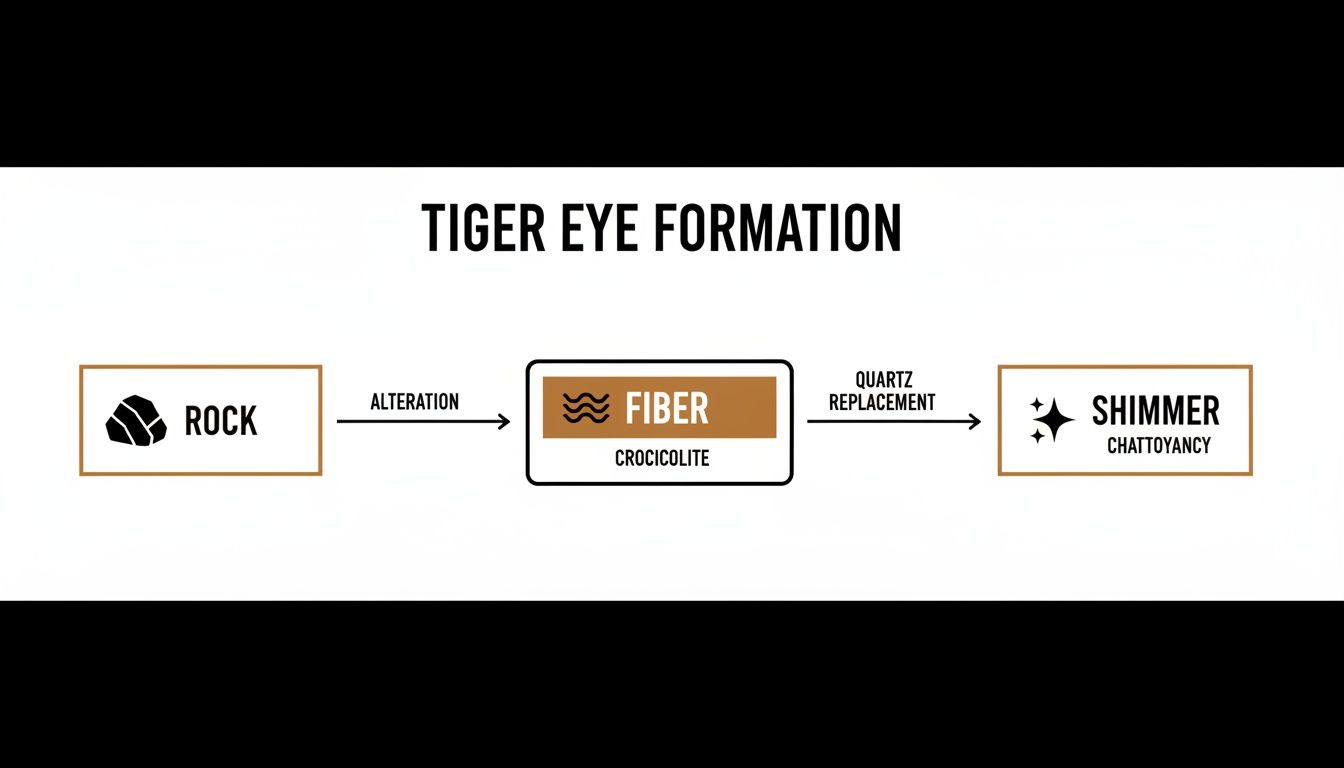 A diagram illustrating the geological formation process of tiger eye stone, detailing rock alteration into crocidolite fibers and subsequent quartz replacement leading to its characteristic shimmer.