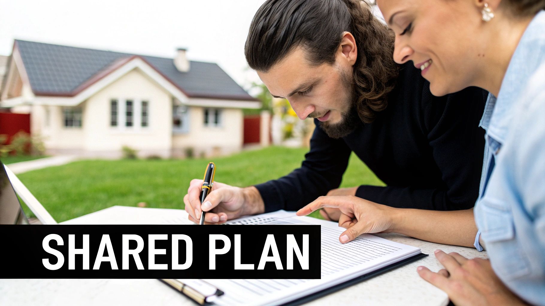 A man and woman reviewing documents outdoors in front of a house, discussing a shared plan.