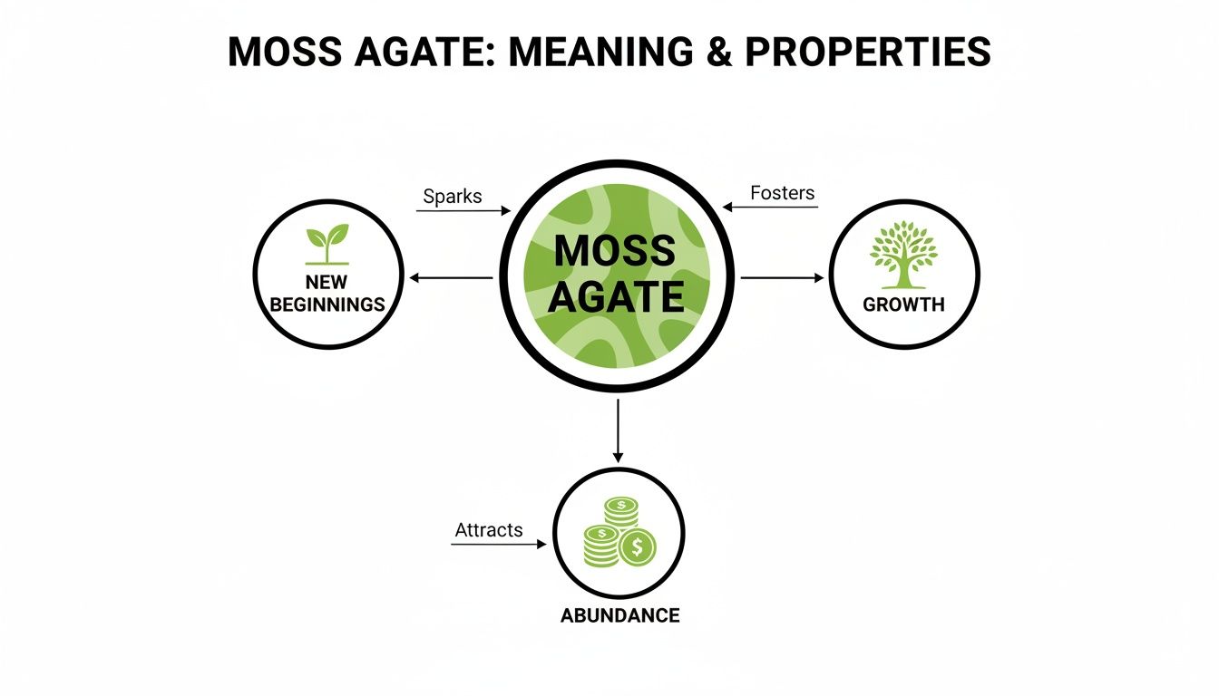Diagram illustrating the meaning and properties of Moss Agate, connecting it to new beginnings, growth, and abundance.