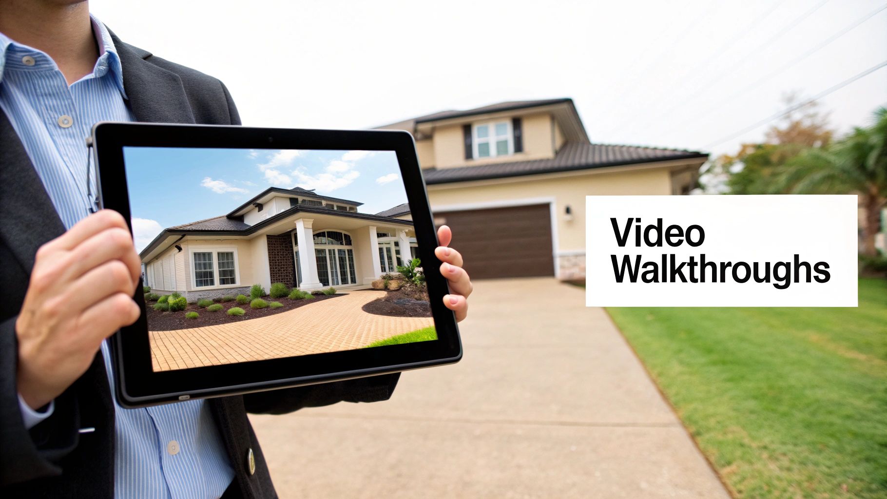 A real estate agent holds a tablet showcasing a property, with "Video Walkthroughs" text overlay.