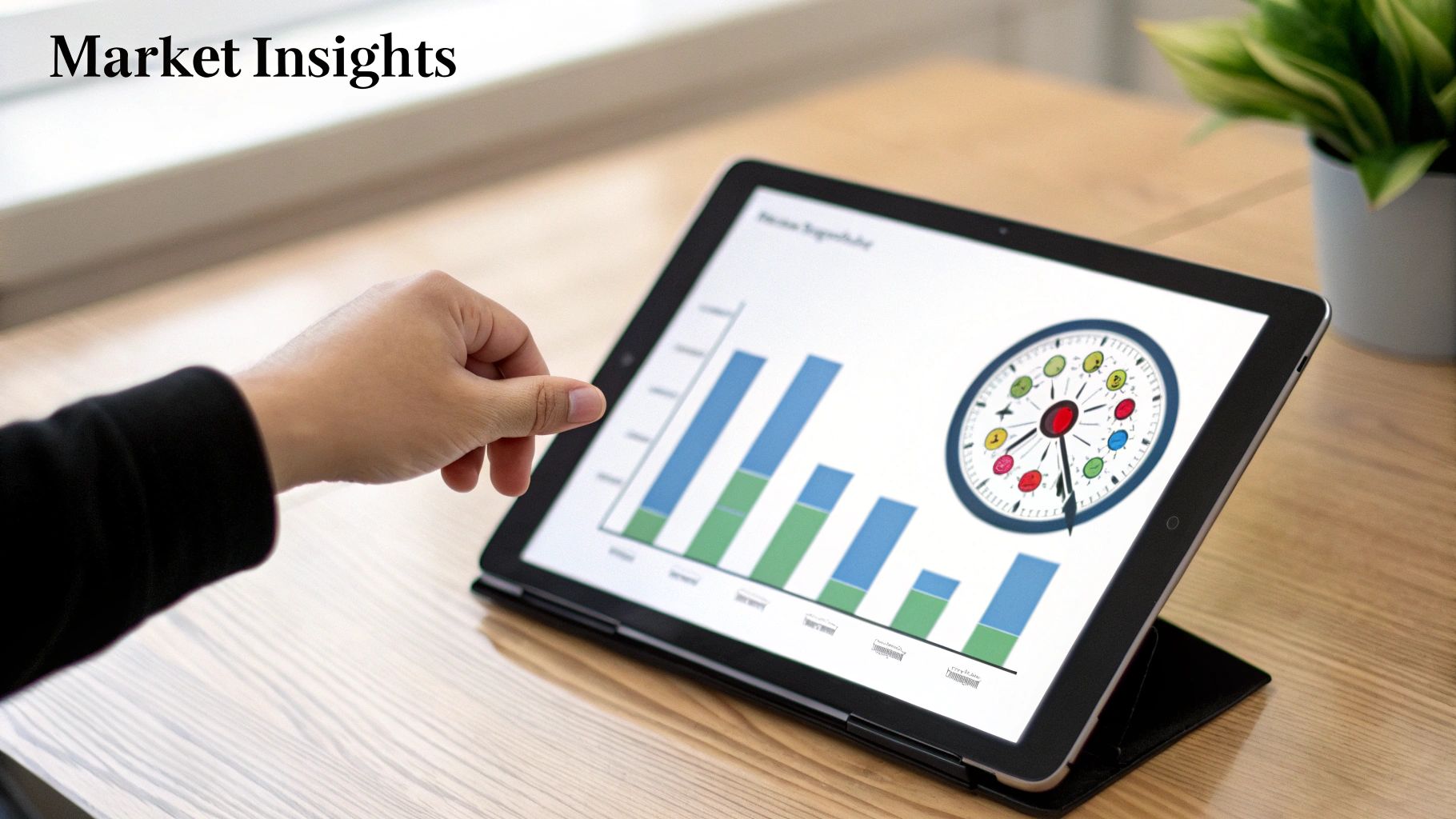 A hand interacts with a tablet displaying market insights with bar charts and a clock diagram.