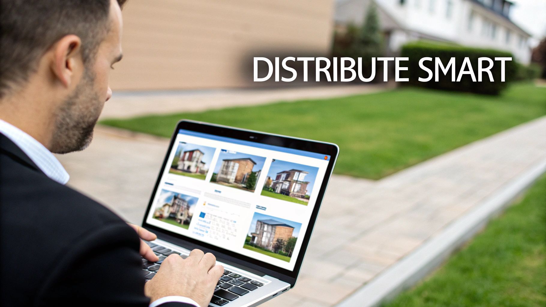 Real estate video content being viewed on multiple devices like a phone, tablet, and laptop.