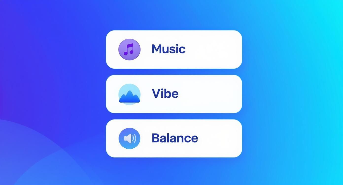 An infographic showing three key elements of video audio: Music, Vibe, and Balance, each with a corresponding icon.