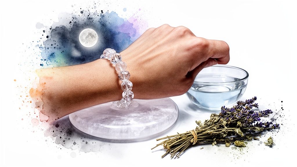 A hand wearing a clear crystal bracelet rests on a crystal disc, with lavender, water, and a moon.