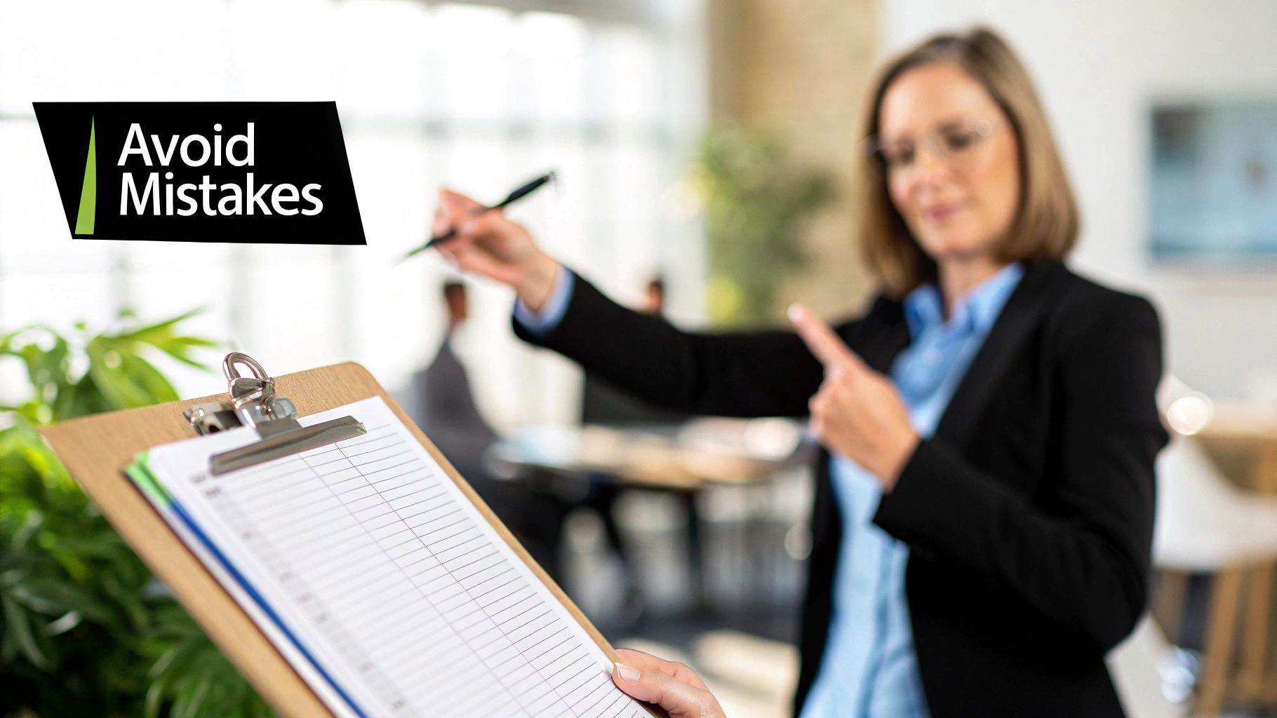 Business professional points while a person holds a blank checklist on a clipboard, "Avoid Mistakes" banner.