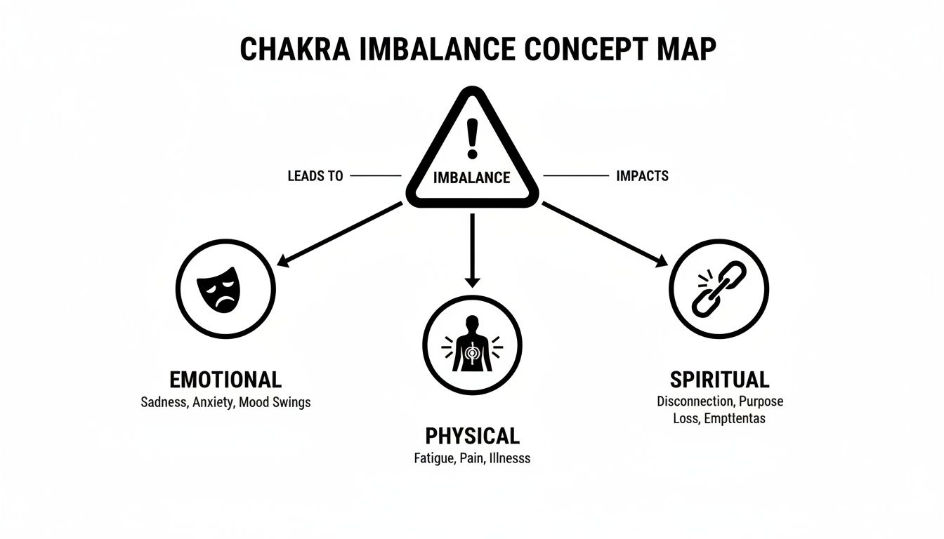 A concept map illustrating chakra imbalance leading to emotional, physical, and spiritual problems.