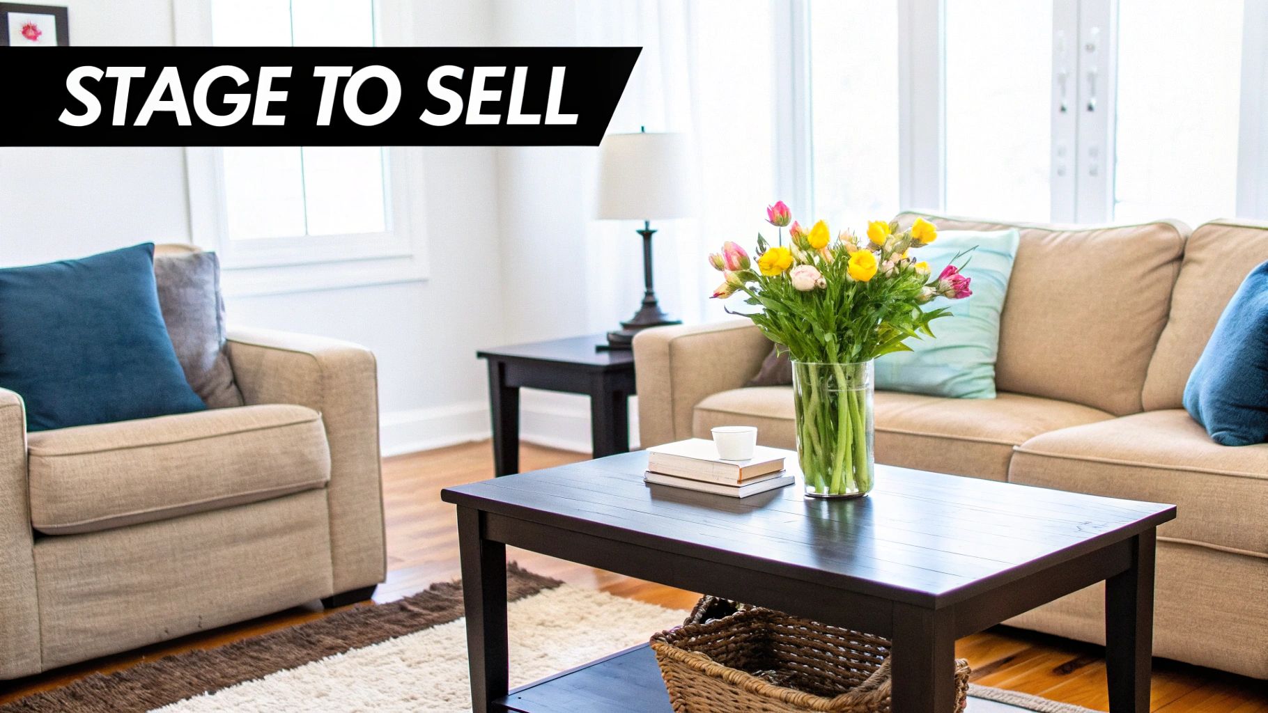 A brightly lit, staged living room with beige sofas, dark wood tables, and a vase of colorful flowers.