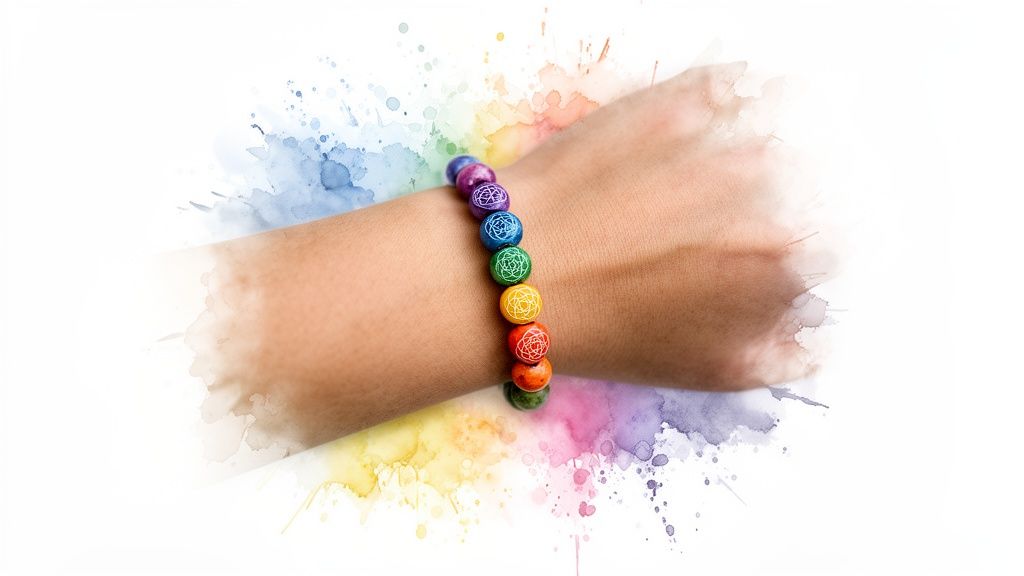 A person's wrist wearing a vibrant chakra bead bracelet with symbolic designs on a colorful watercolor background.
