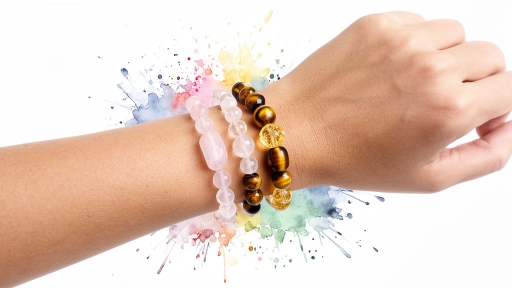Close-up of a wrist wearing pink, clear, and tiger's eye beaded bracelets on a vibrant watercolor background.