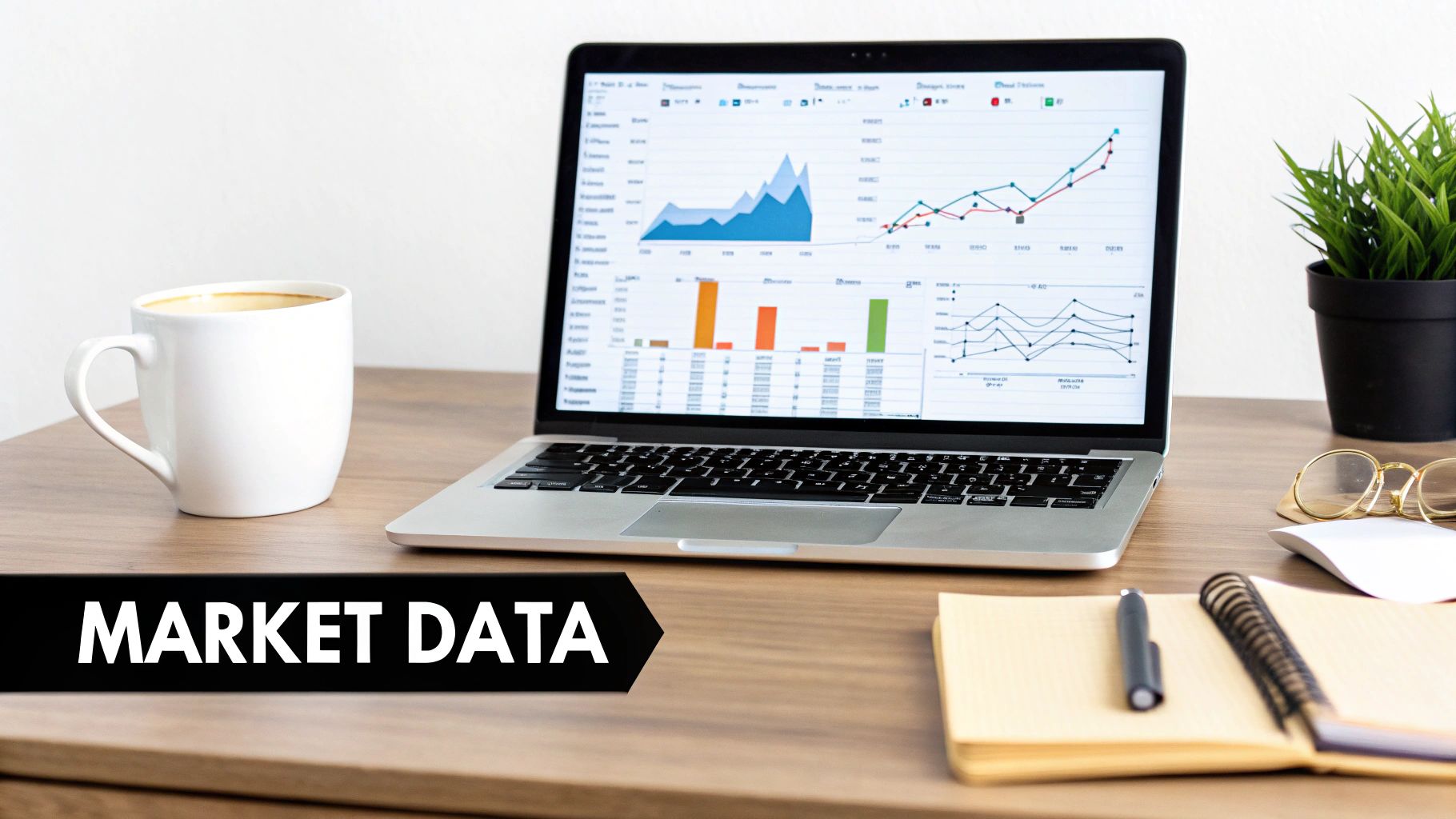 A laptop displaying market data charts on a wooden desk with a coffee mug, plant, and notepad.