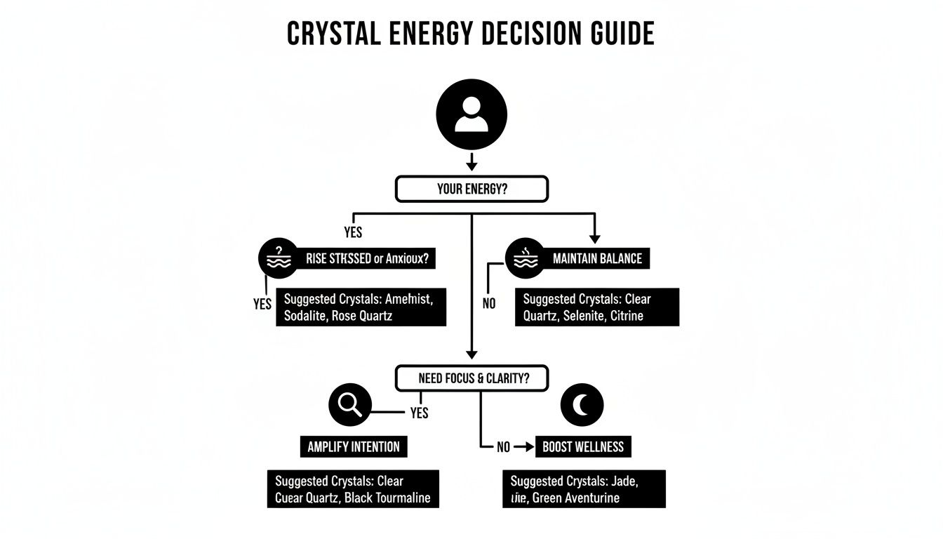 Crystal Energy Decision Guide flowchart helping users select crystals for various wellness needs.
