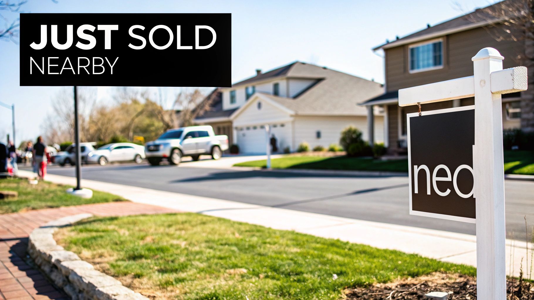 A 'JUST SOLD NEARBY' sign prominently displayed on a sunny suburban street with houses and cars.