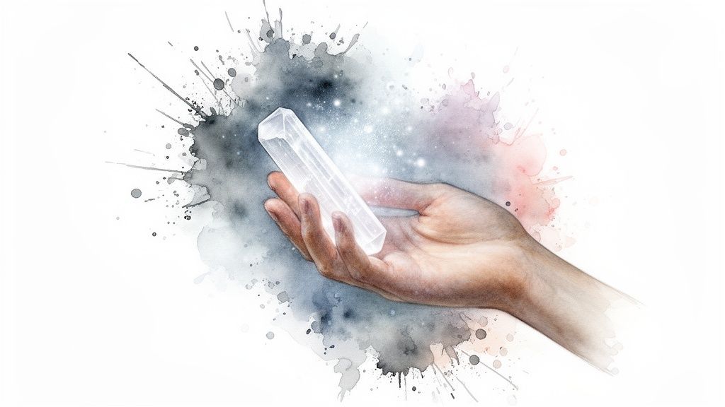 A hand gently holds a glowing selenite crystal wand, surrounded by ethereal watercolor splashes and sparkles.