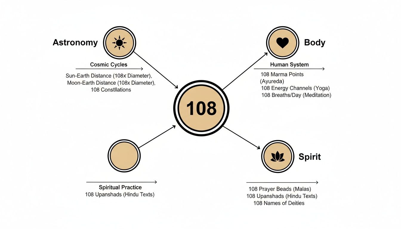 Diagram illustrating the significance of the number 108 in astronomy, body, spiritual practice, and spirit.