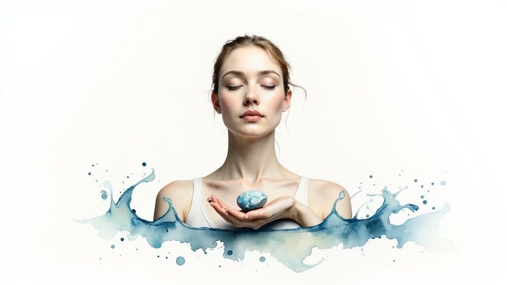 A serene woman with closed eyes meditates, holding a blue healing stone amidst watercolor splashes.