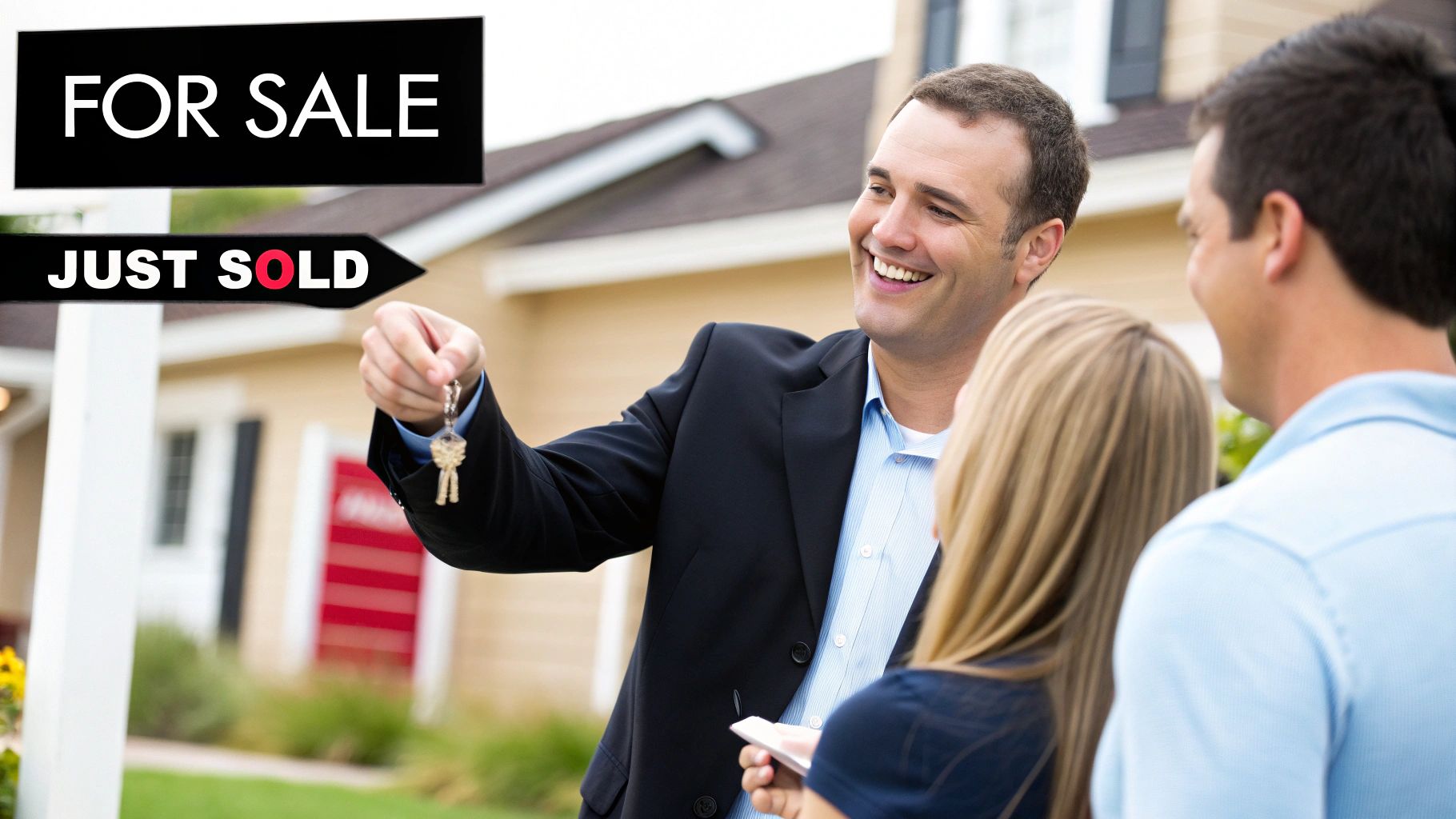 A smiling real estate agent hands house keys to a happy couple in front of a new home.