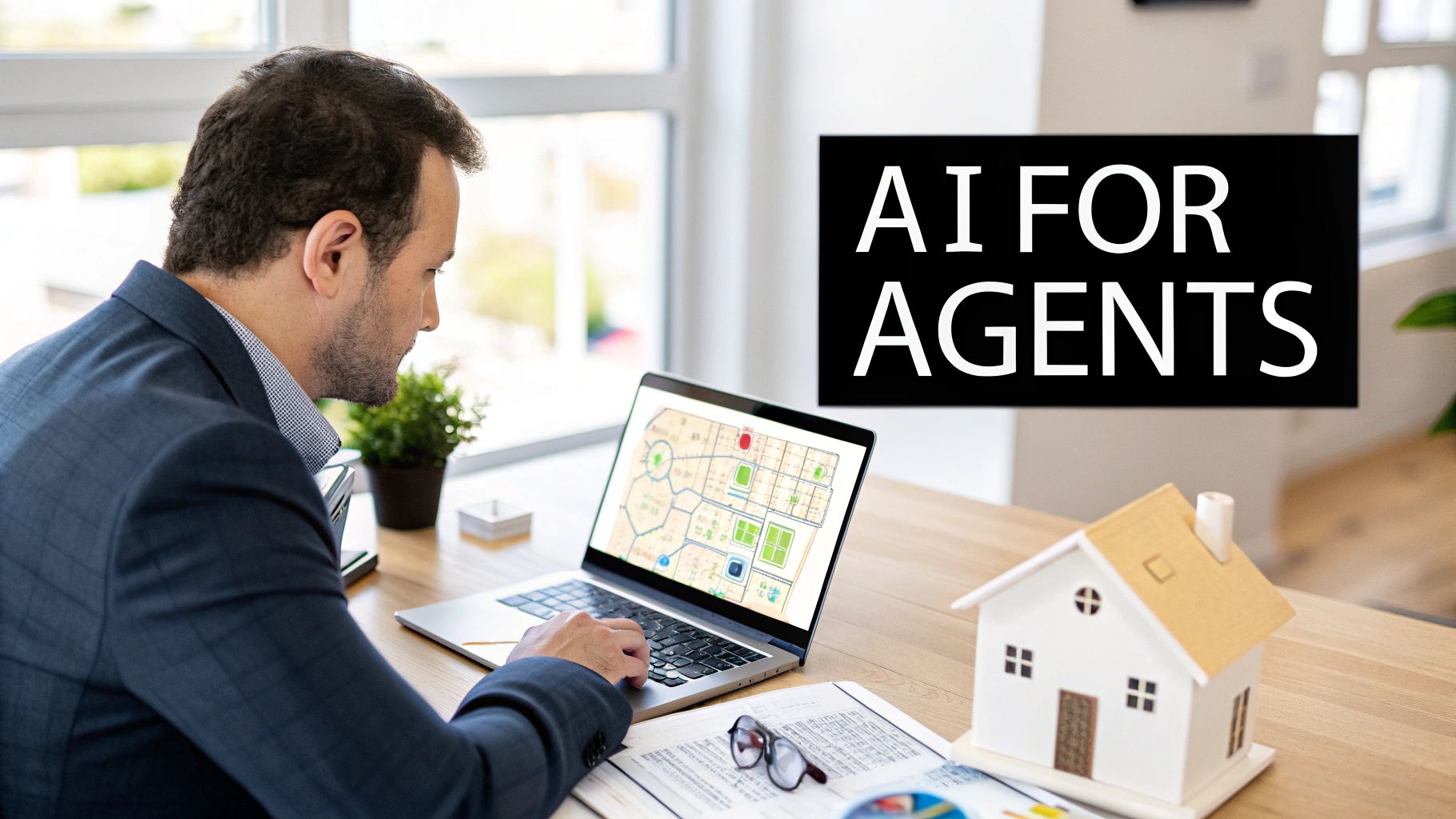 A real estate agent uses a laptop with a map, a house model, and text 'AI FOR AGENTS' on the screen.