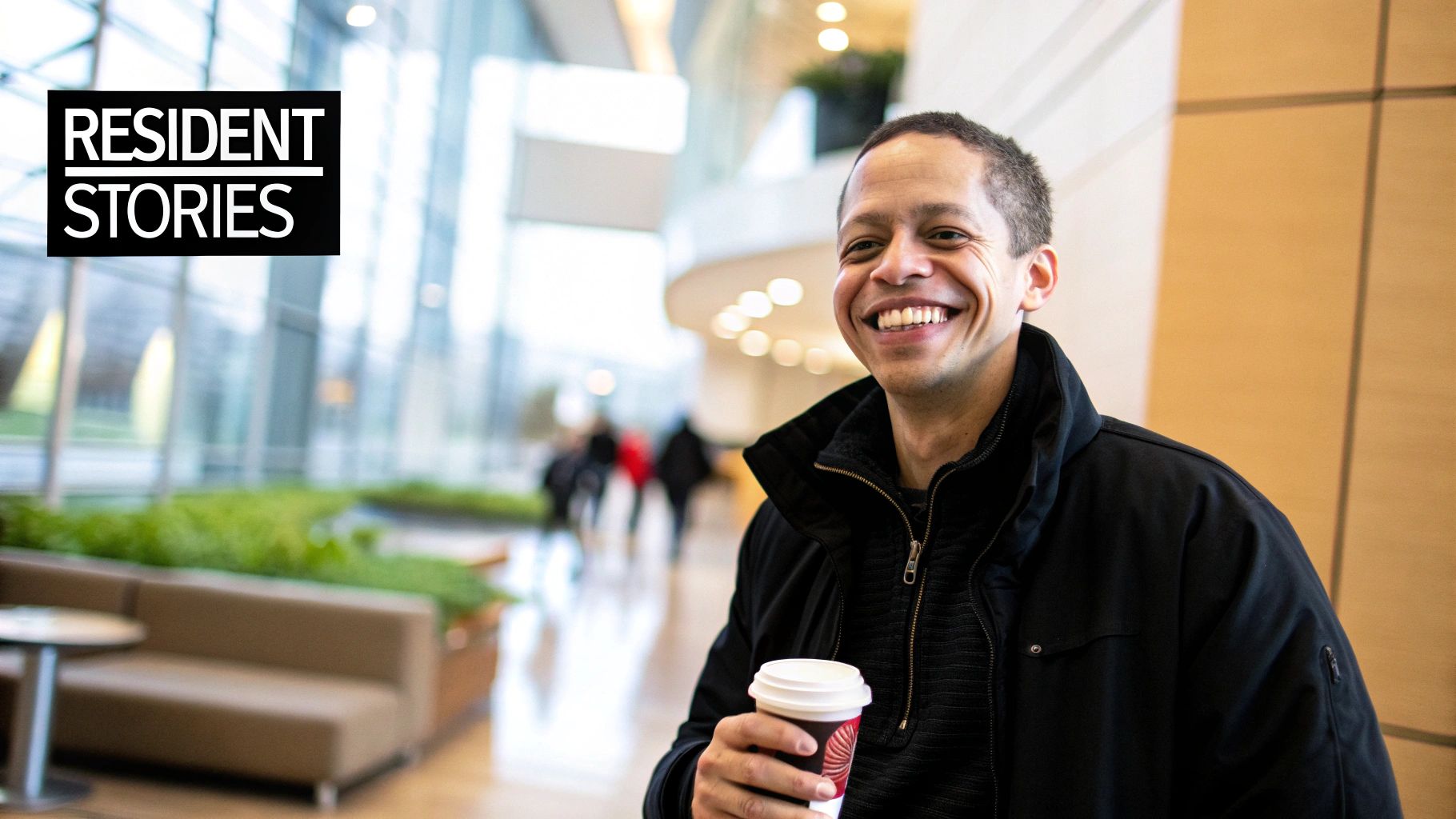 A happy man holding a coffee cup smiles widely in a bright, modern building lobby with a "Resident Stories" logo.
