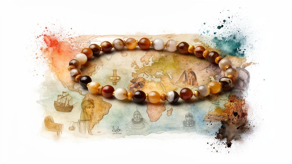 A beaded bracelet with brown, orange, and white stones resting on a watercolor world map with historical drawings.