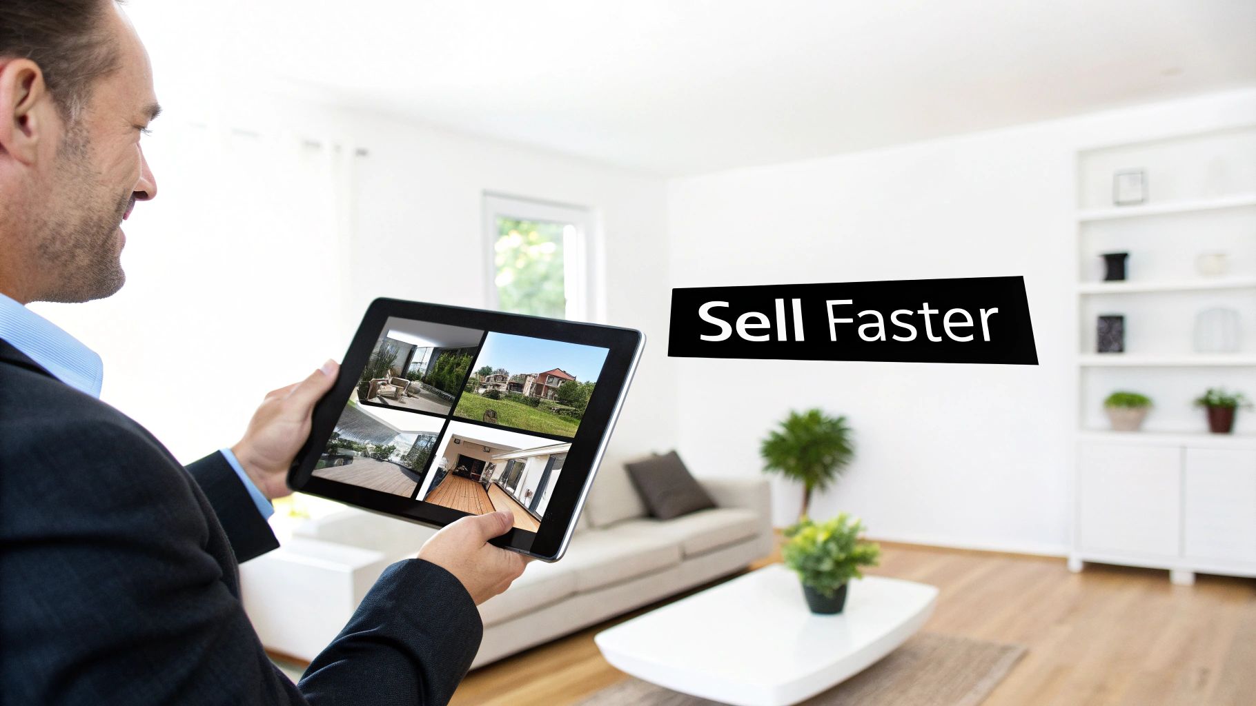A man in a suit looks at real estate photos on a tablet, with 'Sell Faster' text.