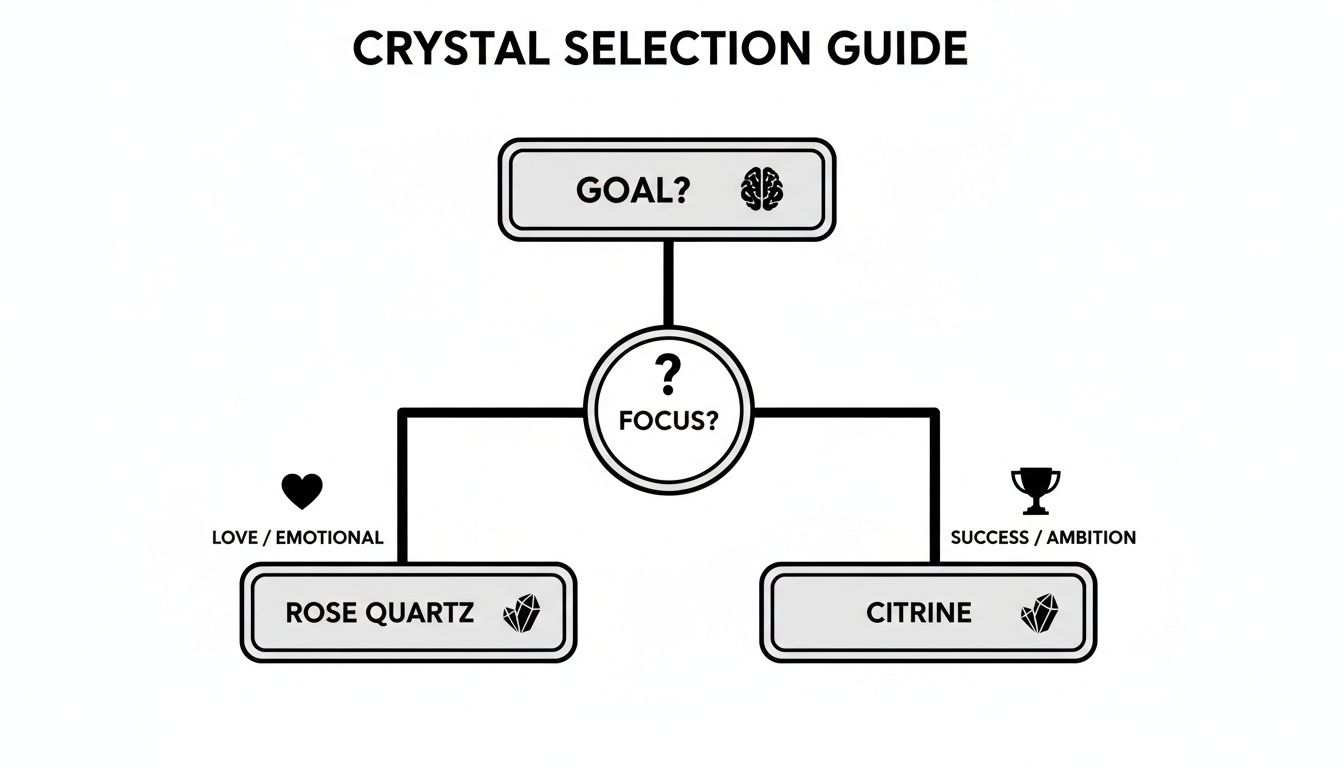 Flowchart guiding crystal selection: Rose Quartz for love/emotional focus, Citrine for success/ambition.