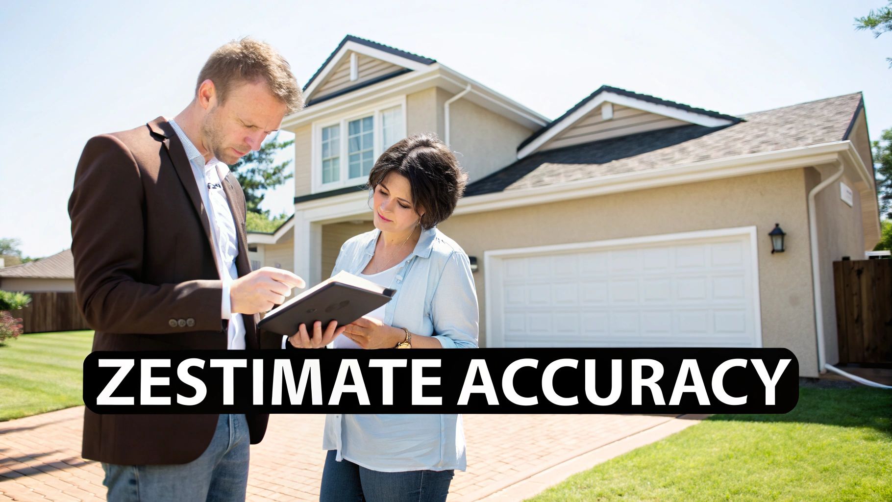 Real estate agent and homeowner reviewing property valuation documents in front of suburban house