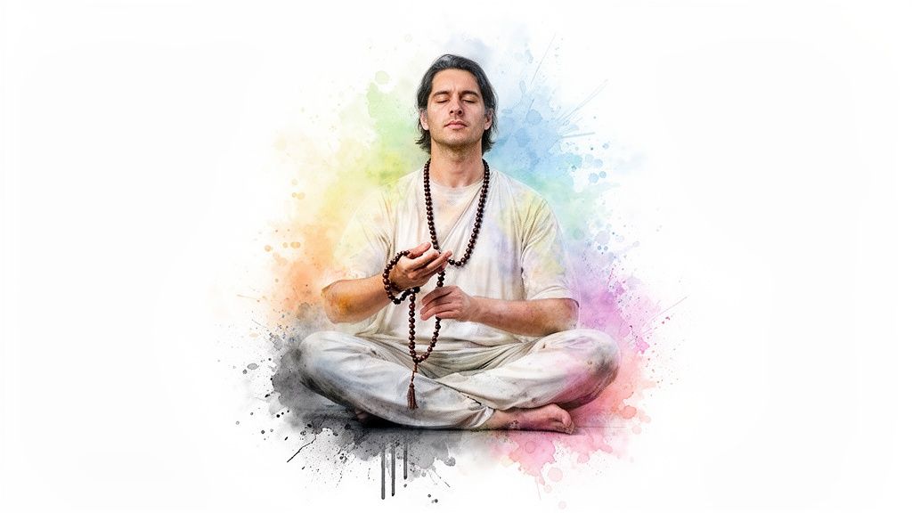 A man meditates peacefully in a cross-legged position, holding mala beads, with colorful watercolor splashes.