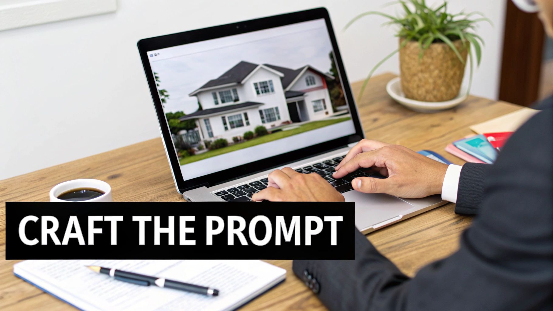 A person in a suit types on a laptop, viewing a modern white house real estate listing.