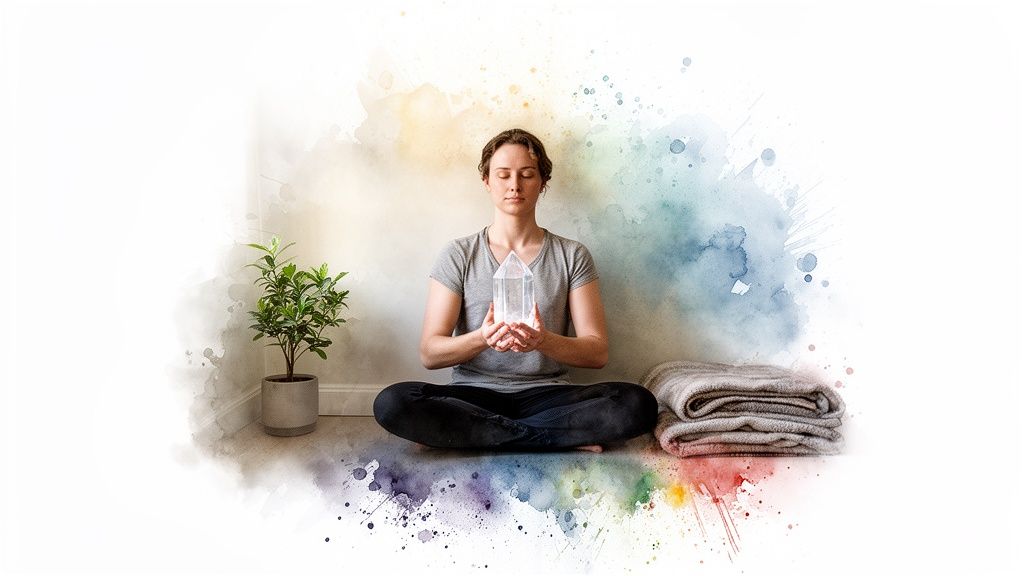 A woman meditates cross-legged holding a clear quartz crystal, next to a plant and blanket.