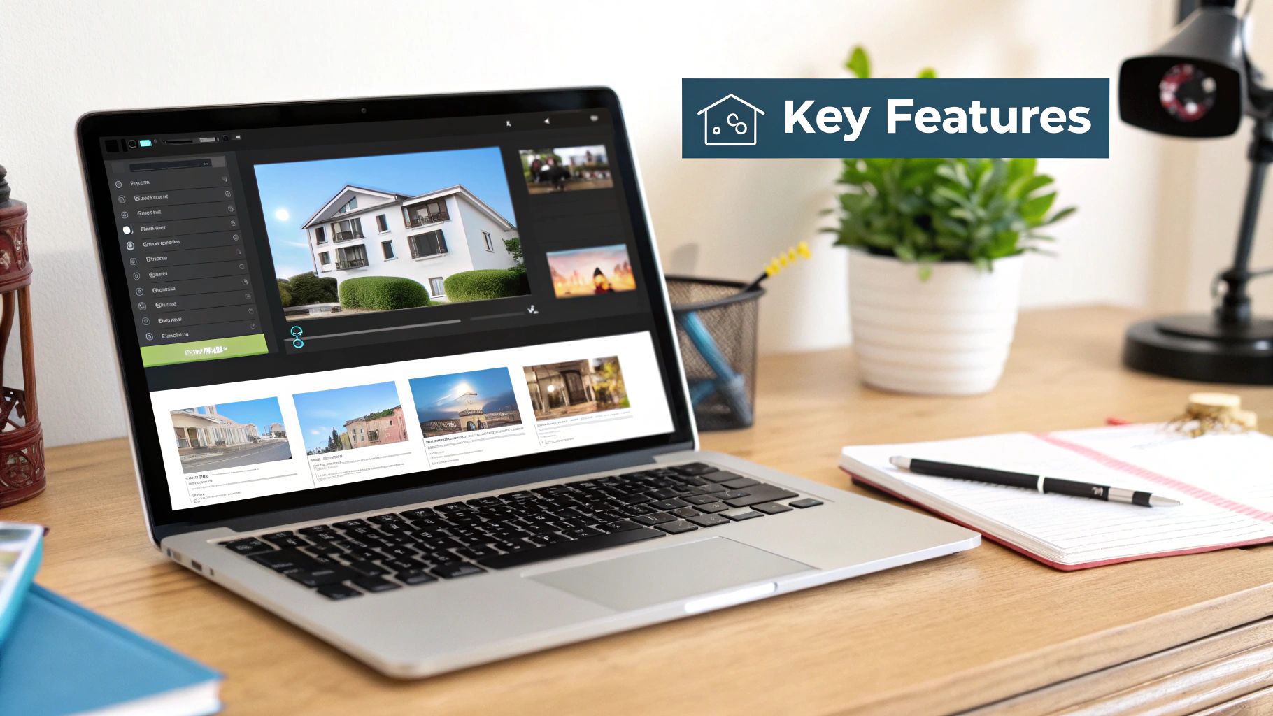 A laptop on a wooden desk displaying real estate video editing software with various house images.
