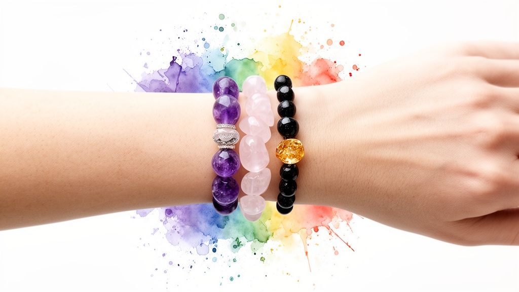 Three colorful beaded stone bracelets worn on a person's forearm against a vibrant rainbow splash background.