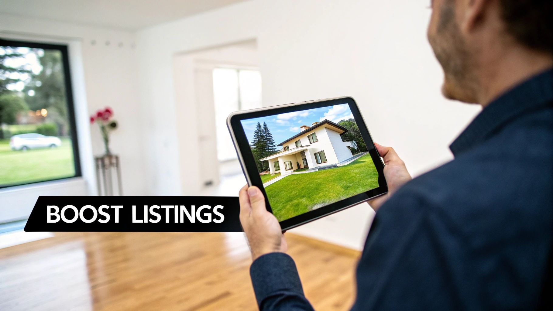 A person using a real estate video app on their phone to create a property tour