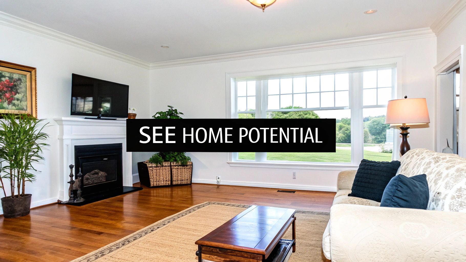 Bright living room with a fireplace, TV, comfy sofa, and large windows overlooking a yard.